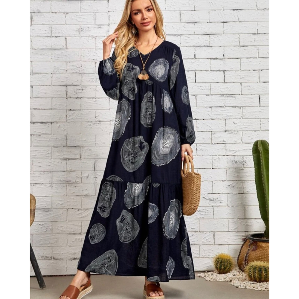 Emery Rose Boho Navy Print Maxi Dress XXL – Long Sleeve Flowy Style
